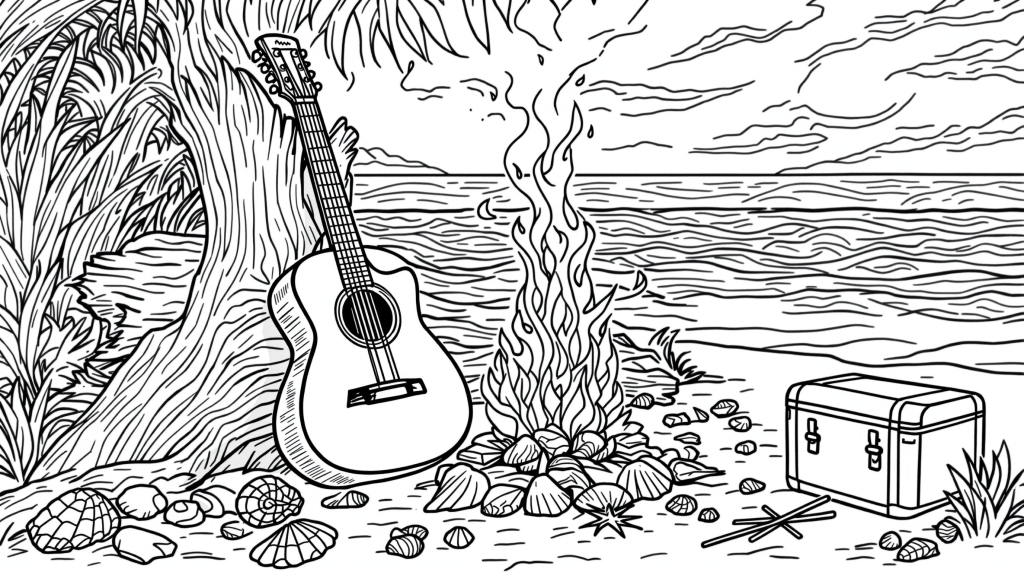 ビーチのキャンプファイヤーとアコースティックギターの塗り絵 - 貝殻と波模様が入った大人の塗り絵