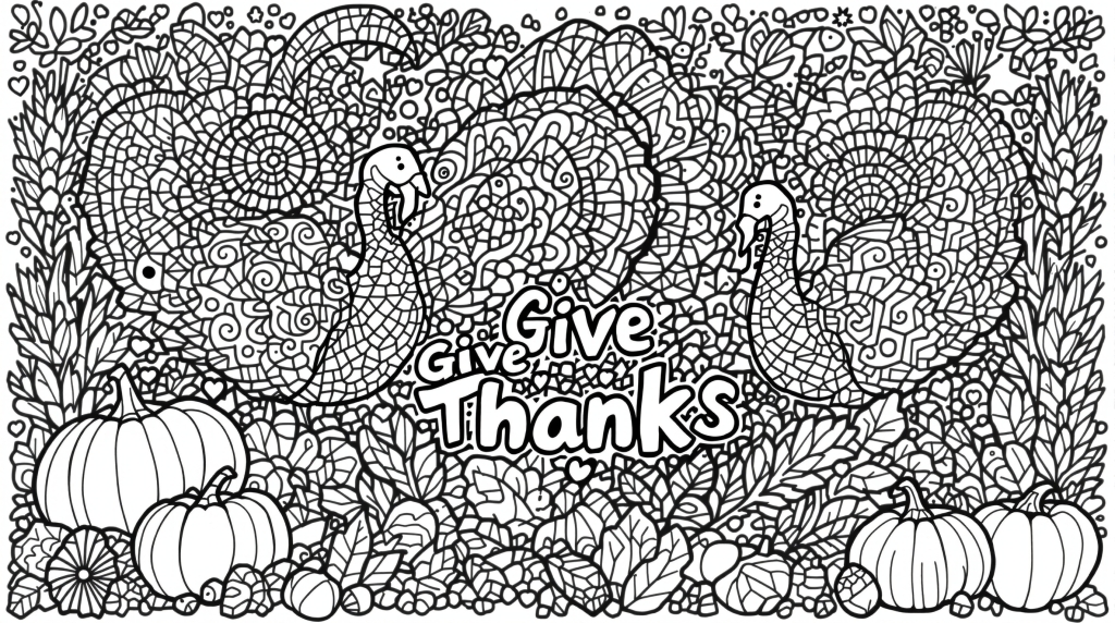 An intricate Thanksgiving doodle coloring page featuring ornate turkeys, decorative pumpkins, and beautiful zentangle patterns.
