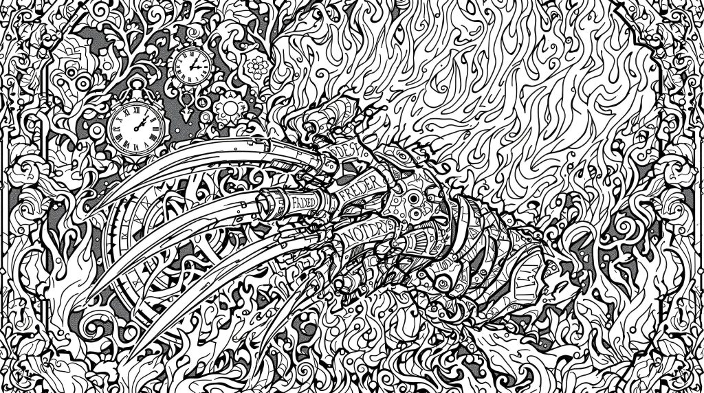 フレディ・クルーガーのかぎ爪グローブ塗り絵 - ホラーテーマの緻密な大人の塗り絵、悪夢のような幻想的なデザイン