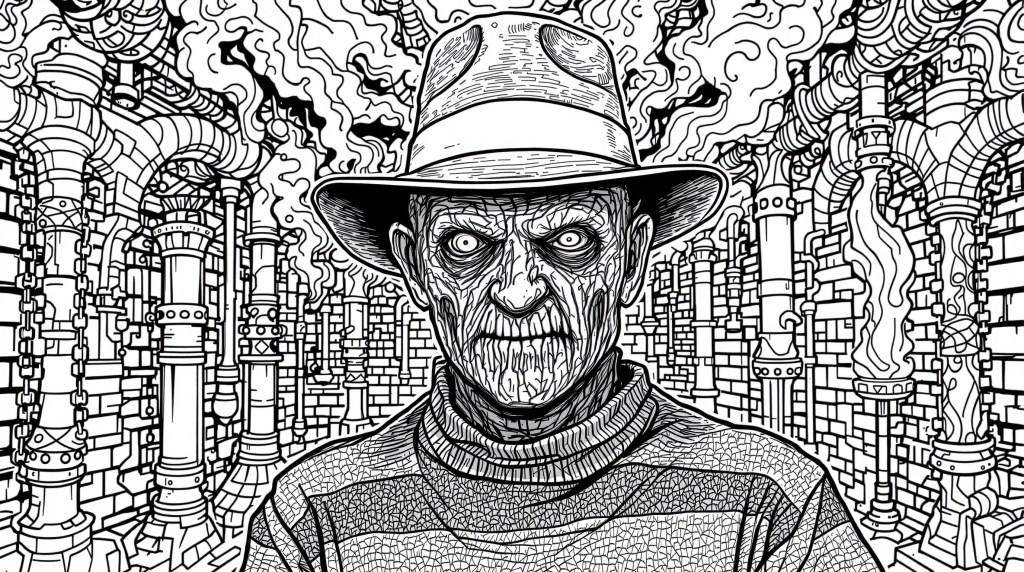 フレディ・クルーガーの象徴的な中折れ帽と精緻な顔をボイラー室で描いた大人向け塗り絵