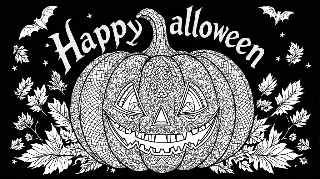 ゼンタングル模様とゴシック文字が美しいハロウィンかぼちゃの大人の塗り絵 - 精密で芸術的なデザイン