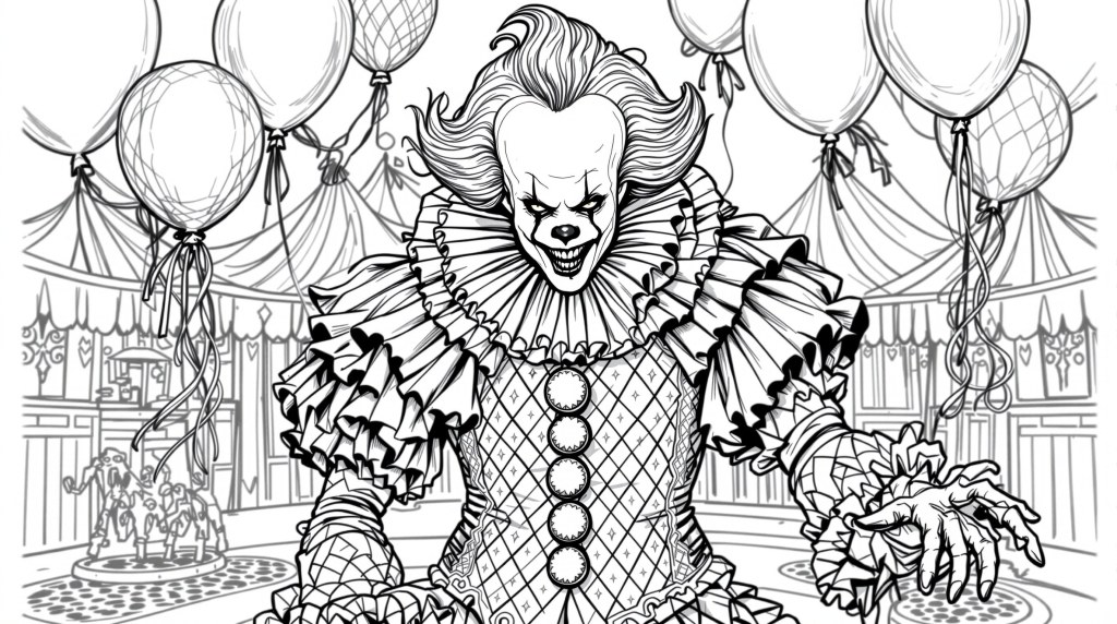 ペニーワイズ・ダンシング・クラウンの精密塗り絵 - ヴィクトリア朝サーカス衣装と華麗な装飾デザイン