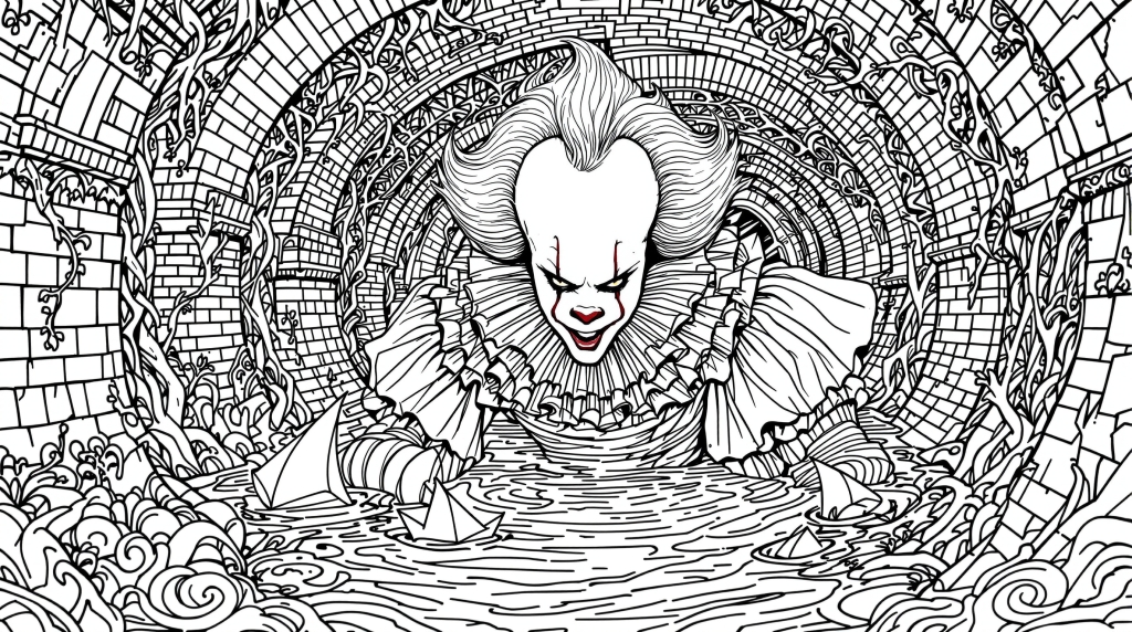 デリーの下水道から現れるペニーワイズ ホラーピエロの大人の塗り絵 - 精密なゴシック建築と下水道シーン