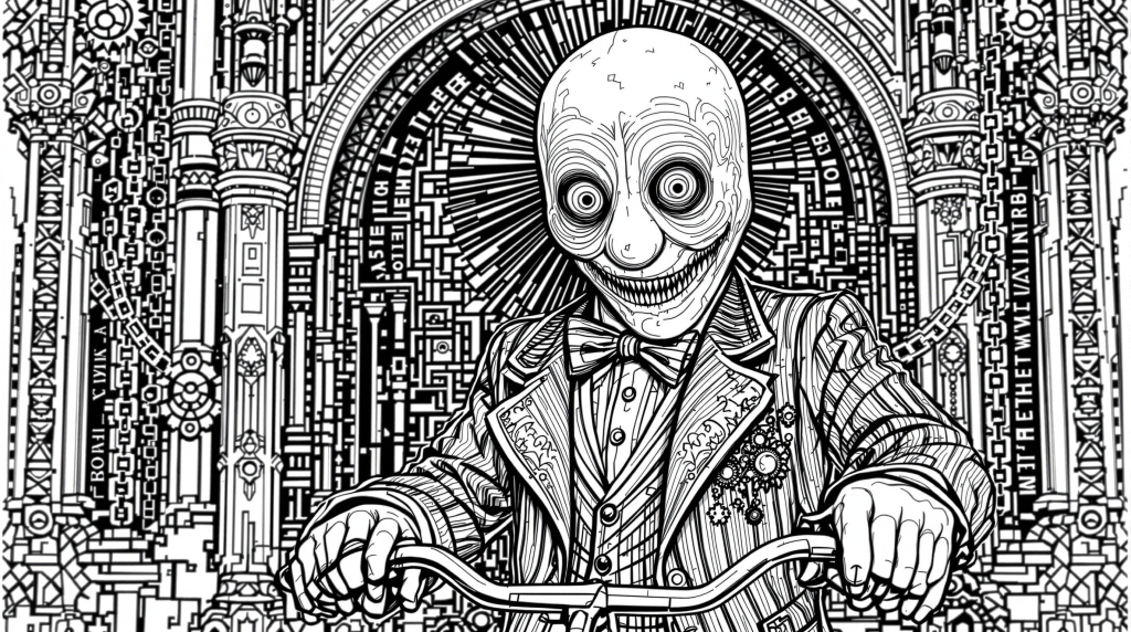 ソウシリーズのビリー人形の塗り絵 - 幾何学模様とホラーモチーフが詰まった大人向けの精密デザイン