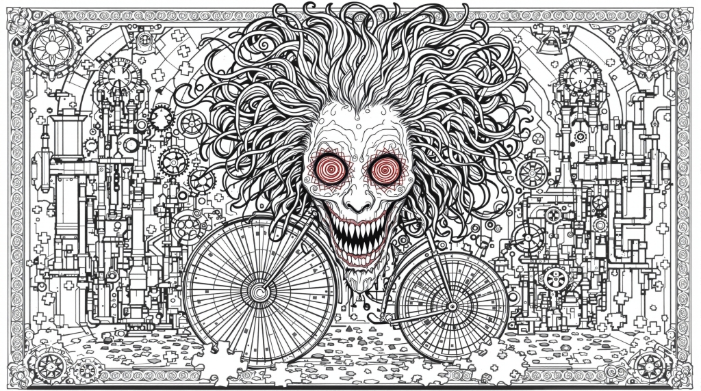 ビリー人形が自転車に乗る精巧なホラー塗り絵 - 複雑なメカニカルディテールと建築要素