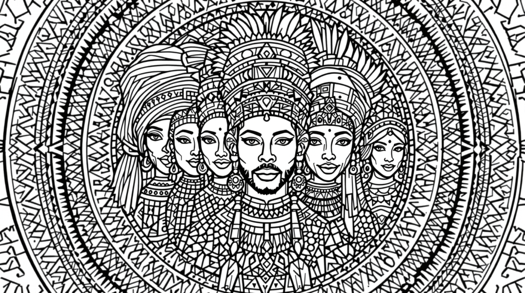 En indviklet mandala-stil farvelegningsside med seks ceremonielle figurer med udsmykkede hovedbeklædning og detaljerede geometriske kantmønstre.