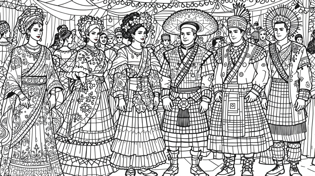 En multikulturel festival farvelægningsside med mennesker i traditionelle dragter fra hele verden med indviklede dekorative detaljer.