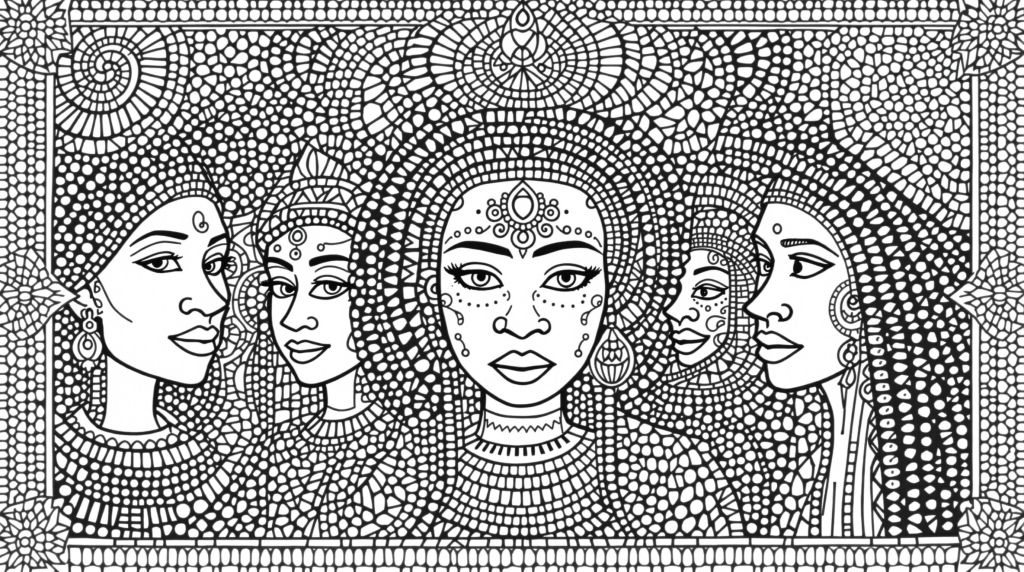 En detaljeret kulturel mangfoldighed farvesiden med fem indbyrdes forbundne portrætter, der viser traditionelle ornamenter og globale arv-design.