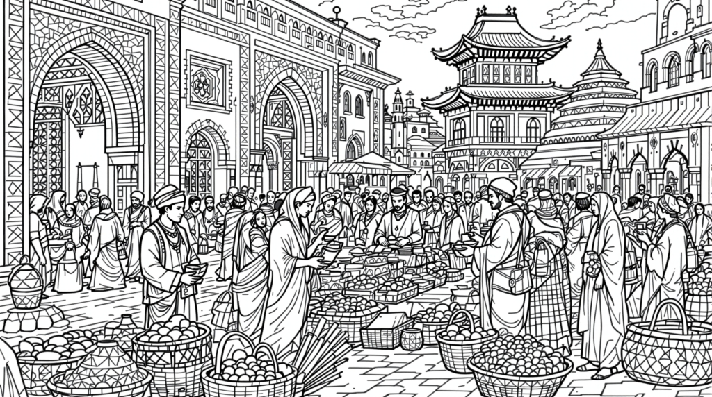 En detaljeret multikulturel markedsplads farvesida med forskelligartet arkitektur og livlige handelsscener.