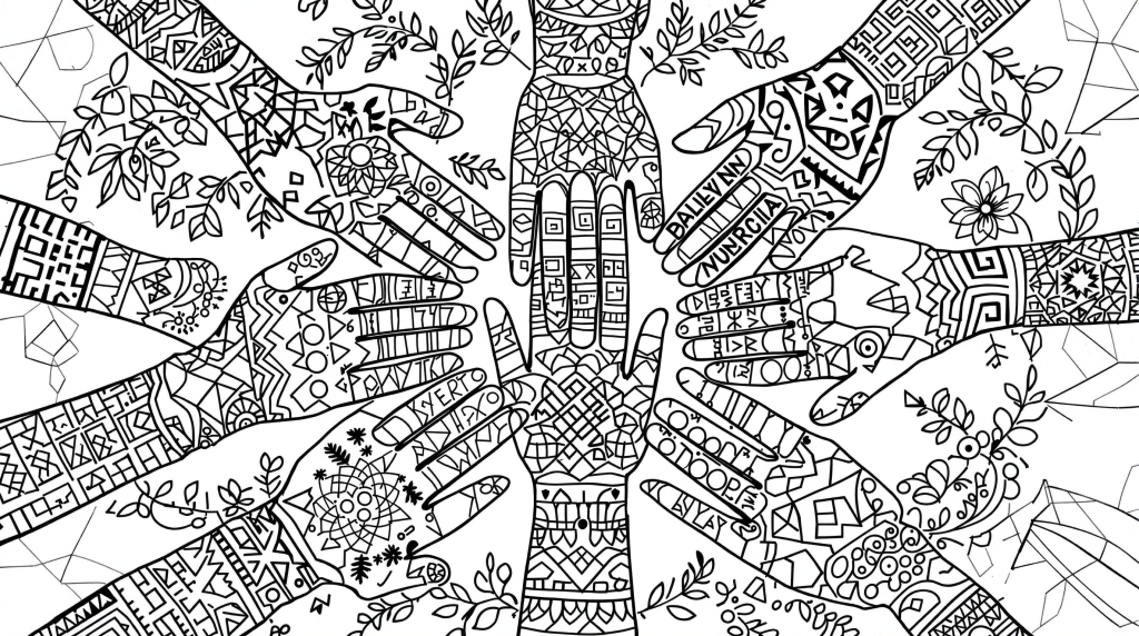 En mandala-stil enhedsfarveside med mangfoldige hænder med indviklede kulturelle mønstre arrangeret i harmonisk cirkelkomposition.