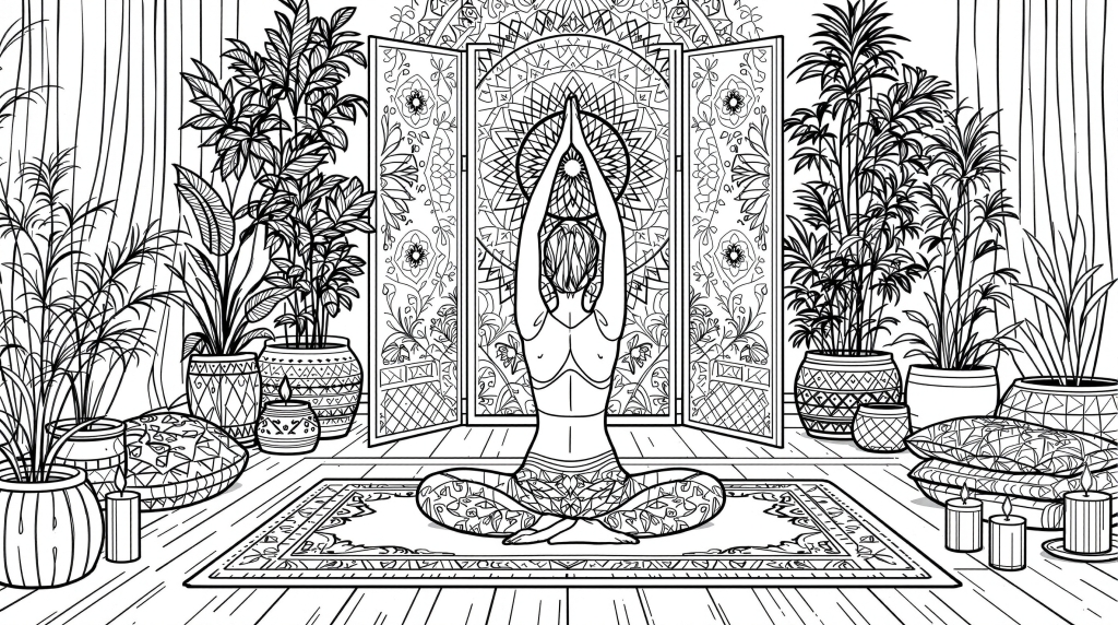 蓮華座でヨガ瞑想する人物と曼荼羅模様の塗り絵 - 落ち着いた瞑想スタジオの大人の塗り絵