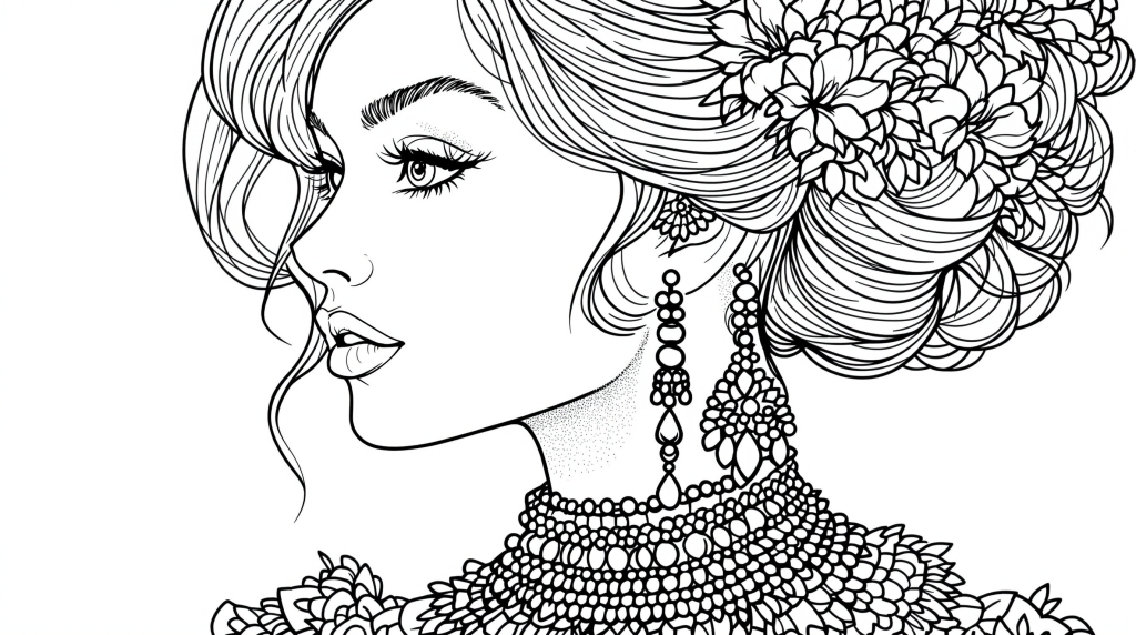 En elegant profilportræt farvelægningsside med en kvinde med udarbejdet opsadt frisure prydet med blomster og indviklede smykker.