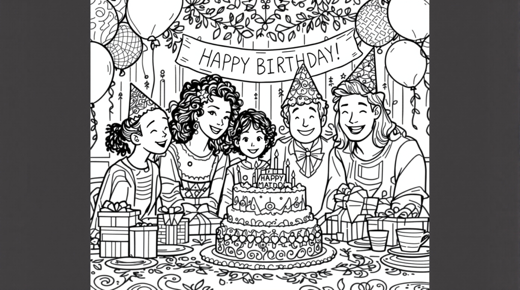 En detaljerad födelsedagsfest målarbok med fem familjemedlemmar som firar runt en tvåvåningstårta med intrikata dekorationer.