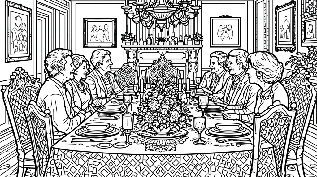 En detaljerad färgläggningssida av en flergenerationsfamilj som samlas runt ett utsmyckat viktorianskt matbord för högtidsmiddag.