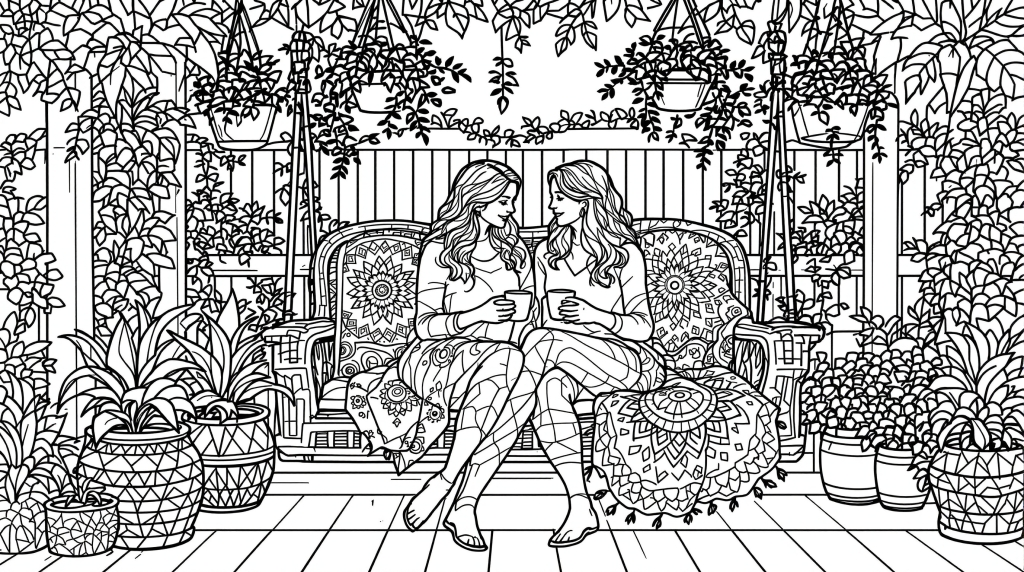 En detaljerad svartvit linjeteckning visar två bästa vänner som kopplar av i utsmyckade korgstolar på en trädgårdsterrass omgiven av intrikata botaniska element.