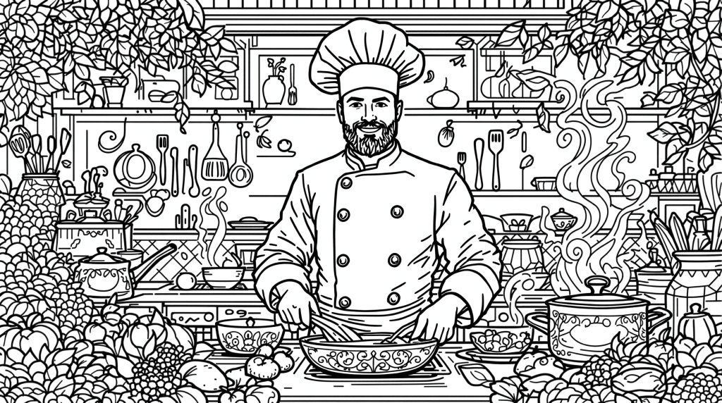 En detaljerad mästerkock-färgläggningssida med en skäggig kulinarisk professionell i en utarbetad köksmiljö med utsmyckade dekorativa element.