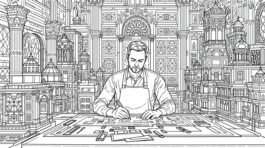 En detaljerad arkitekt målarbok som visar en skäggig hantverkare vid sitt ritbord omgiven av en intrikat arkitektonisk fantasy-stadslandskap.