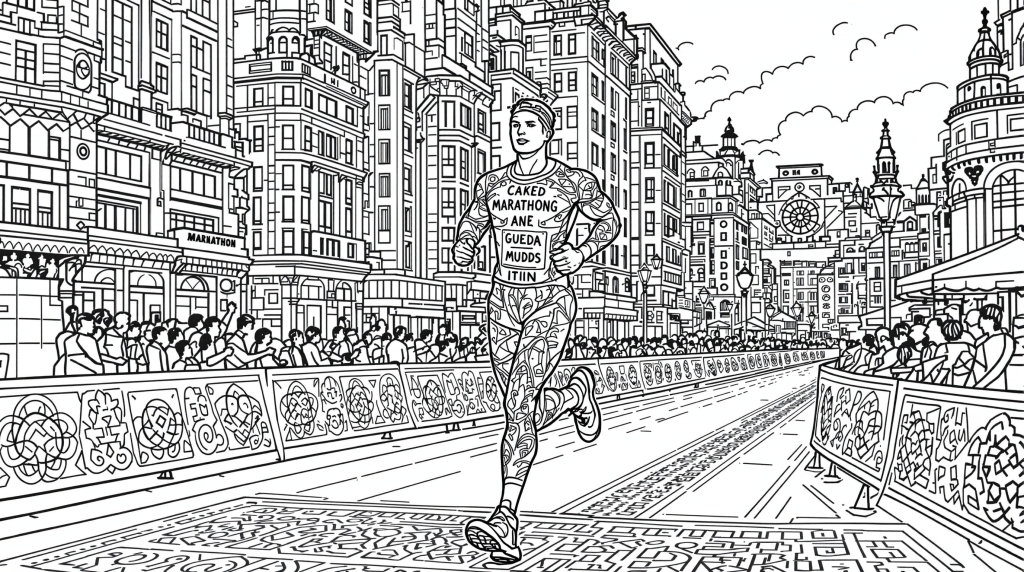 女性マラソンランナーの塗り絵 - 装飾的な橋と緻密な都市風景を描いた大人向け塗り絵ページ