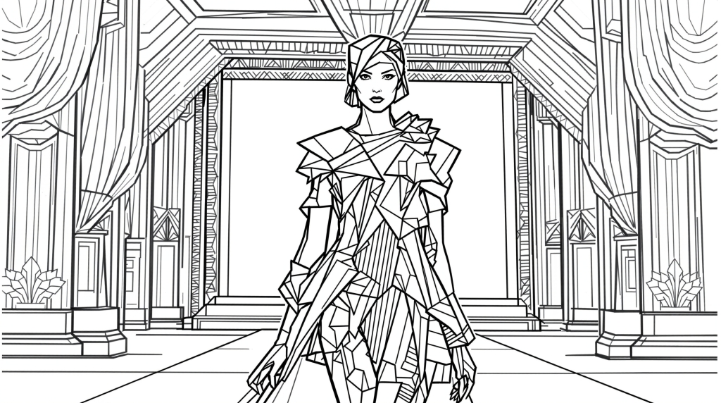 En sofistikeret modemodel-farvelægningsside med avantgardistisk geometrisk design i en ornamental teatralsk setting.