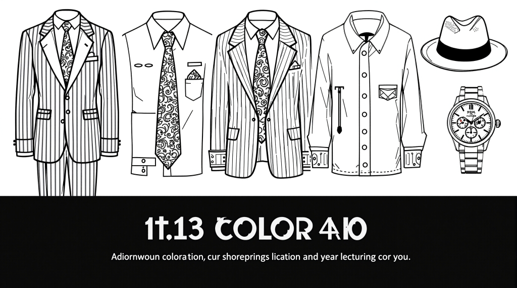 En sofistikeret herretøjs-farvesside med fem elegante tøjgenstande arrangeret vandret med detaljerede mønstre og styling.