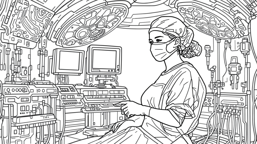 En futuristisk kvinnlig kirurg färgläggningssida med invecklad sci-fi medicinsk teknik och cyberpunk operationssal detaljer.