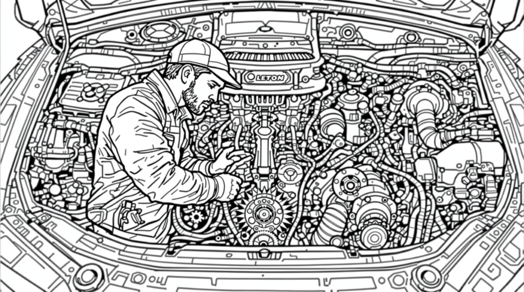 En detaljerad mekaniker målarbok som visar en biltekniker som arbetar på en ornamenterad motor med intrikata mekaniska komponenter.