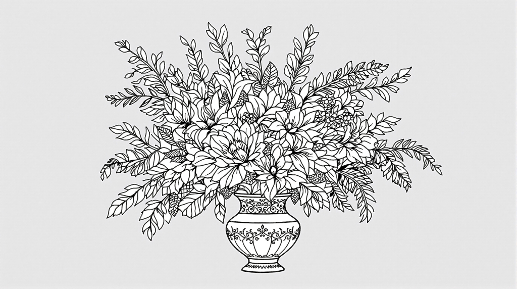 En detaljerad svartvit färgläggningssida med blomsterarrangemang i ornamental vas med intrikata botaniska element.