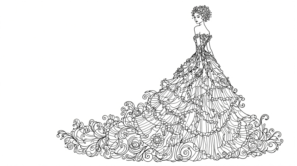 En elegant modemodel i flydende haute couture-kjole farvelægningsside med indviklede barokmønstre og dramatisk slæb.