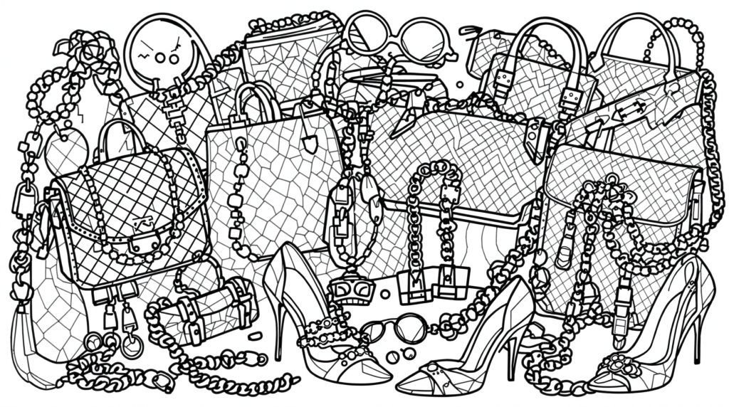 En sofistikeret modetilbehør farvelægningsside med designertasker, høje hæle, smykker og luksusgenstande i indviklede detaljer.