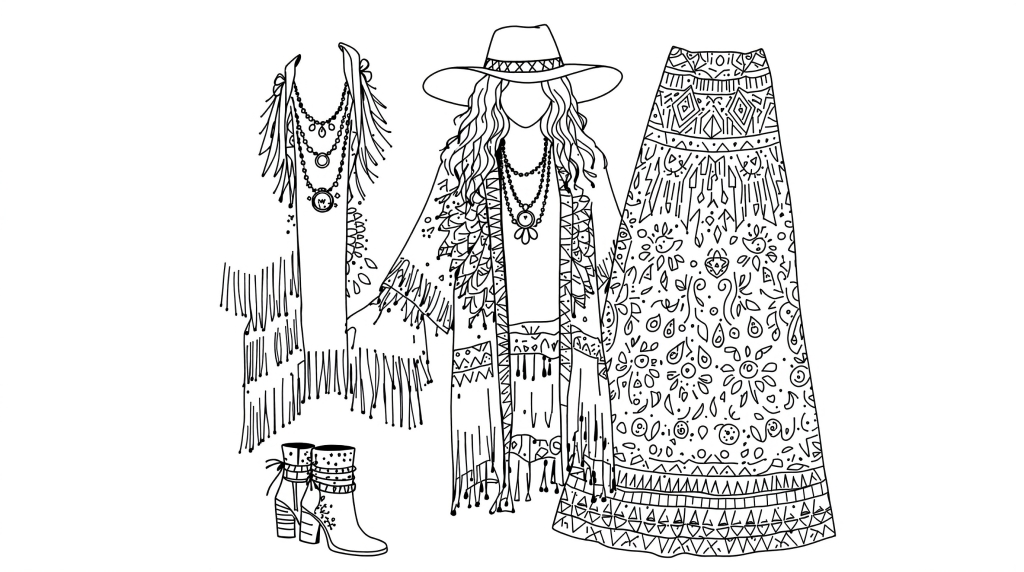 En detaljeret boheme-mode farvelægningsside med tre forskellige arrangementer med frynse-kimono, mandala-mønstre og dekorative tilbehør.