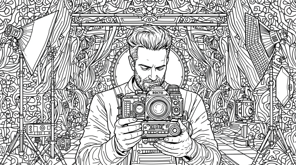 En detaljerad professionell fotograf målarbok visar en skäggig man med vintage kamerautrustning i en utsmyckad miljö.