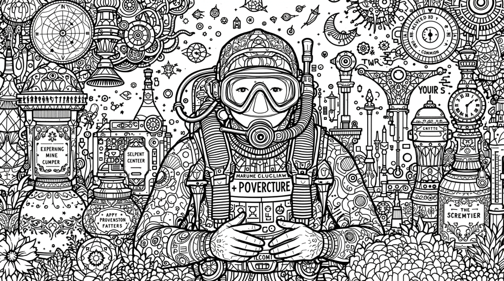 En intrikat steampunk-vetenskapsmanfärgläggningssida som visar en figur i skyddsutrustning omgiven av utarbetade urverksmekanismer och fantastisk laboratorieutrustning.