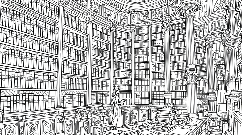 En magnifik svartvit linjeteckning visar en elegant bibliotekarie som står i ett storslaget cirkulärt bibliotek med utsmyckade arkitektoniska detaljer och höga bokhyllor.