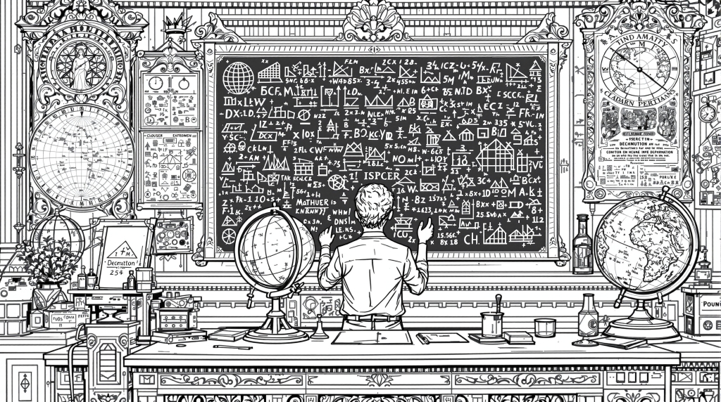 En intrikat svartvit färgläggningssida med en ung student i ett utsmyckat klassrum med matematiska ekvationer, jordglober och utbildningsdiagram.