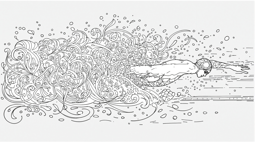 ゴーグルをつけた水泳選手が優雅なアールヌーボー調の水流模様の中を泳ぐ大人の塗り絵