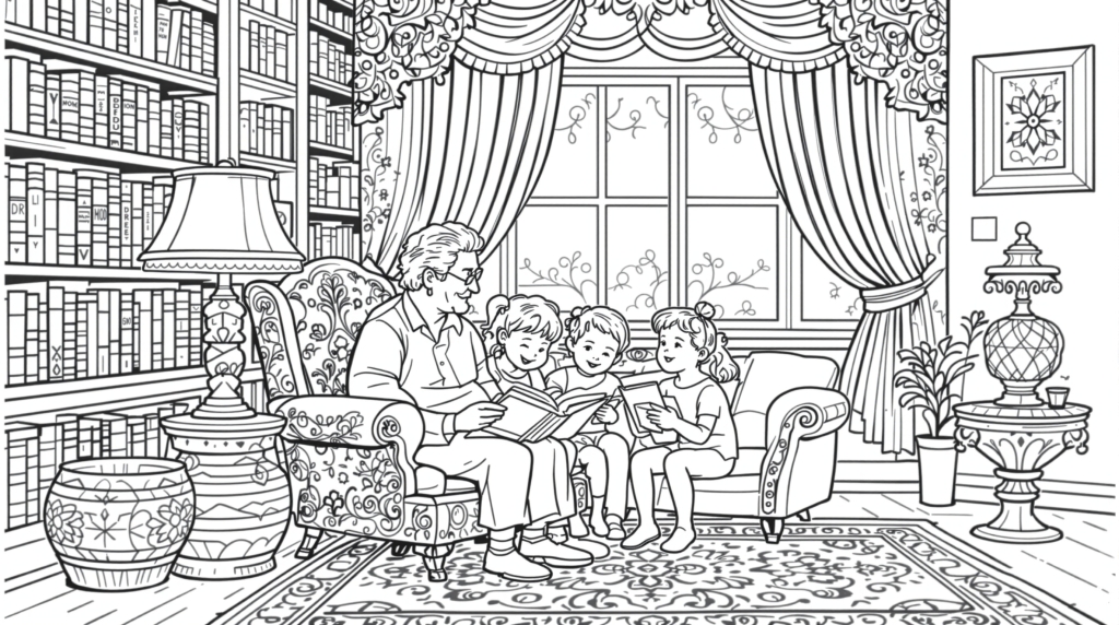 En hjärtevärmande svartvit målarbok som visar en vuxen som läser för tre barn i ett utsmyckat bibliotek med intrikata arkitektoniska detaljer.