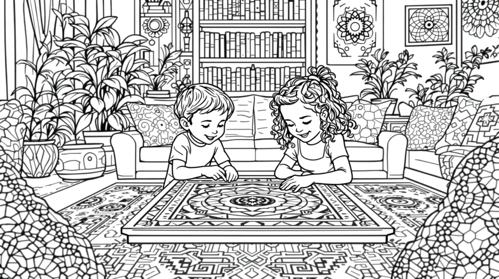 En detaljerad målarbok med två barn som spelar med ett mandala-dekorerat brädspel i ett växtfyllt rum.