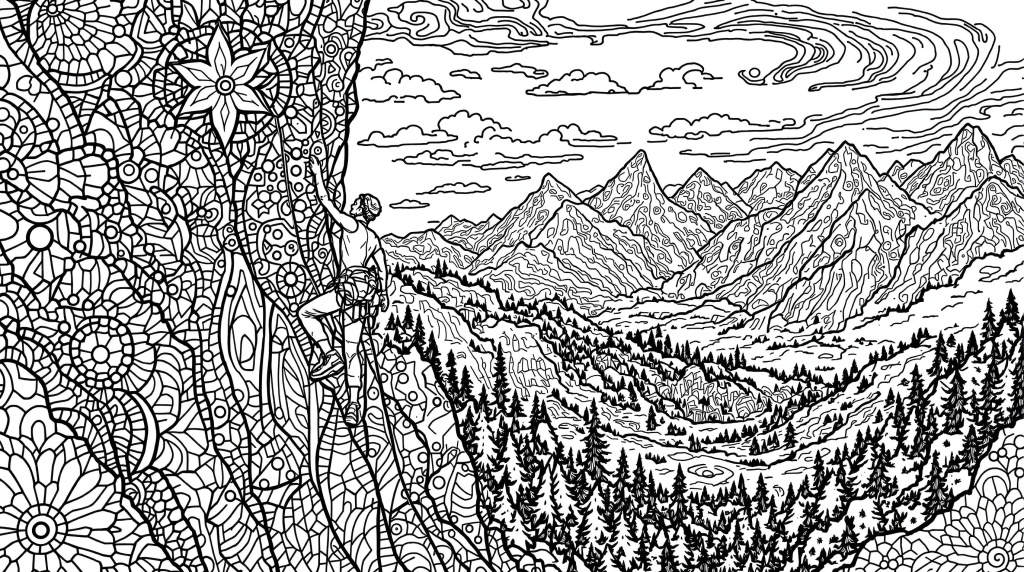 ロッククライミングの塗り絵 - 山の渓谷を登るクライマーと装飾的な岩壁の大人向け精密デザイン