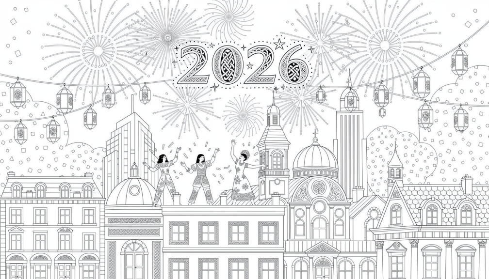 Una página para colorear del paisaje urbano festivo de Año Nuevo 2026 con tres celebrantes en la azotea, fuegos artificiales intrincados, faroles decorativos y diversos estilos arquitectónicos.