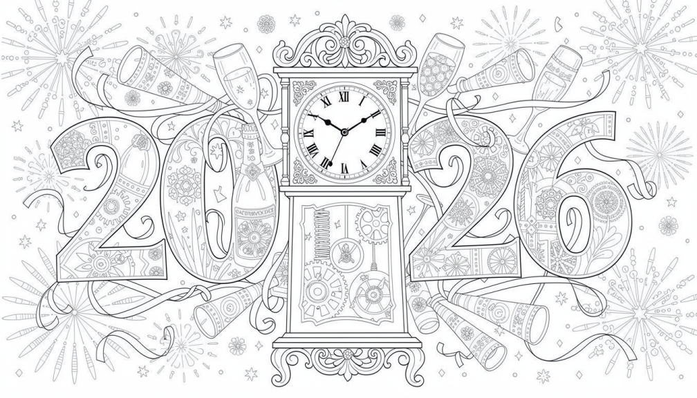 Una página para colorear de Año Nuevo 2026 con un reloj de pie ornamentado marcando la medianoche rodeado de botellas de champán y decoraciones festivas.