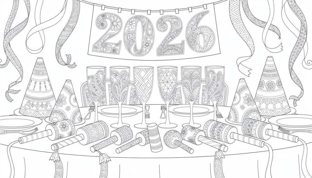 Una elegante página para colorear de fiesta de Año Nuevo 2026 con copas de champán, cajas de regalo decorativas, gorros de fiesta y un banner ornamental con patrones intrincados.