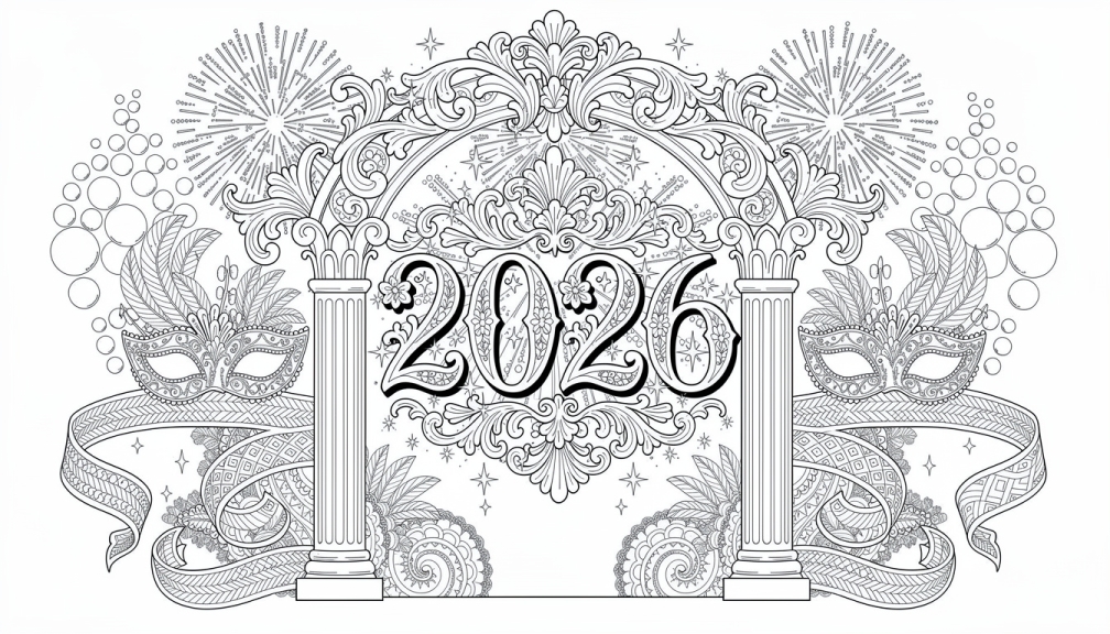 Una página para colorear de Año Nuevo 2026 con arco barroco ornamentado, columnas clásicas, máscaras de carnaval y fuegos artificiales en arte lineal intrincado.