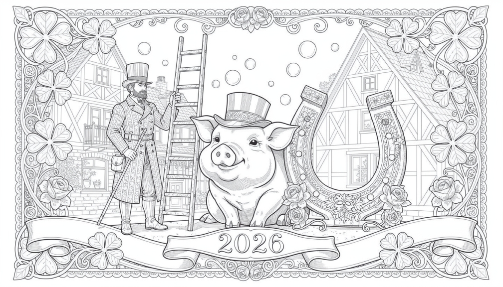 Uma página de colorir sofisticada de amuletos de Ano Novo alemão 2026 com um porquinho de cartola, limpador de chaminés e ferradura com decorações Art Nouveau intrincadas.