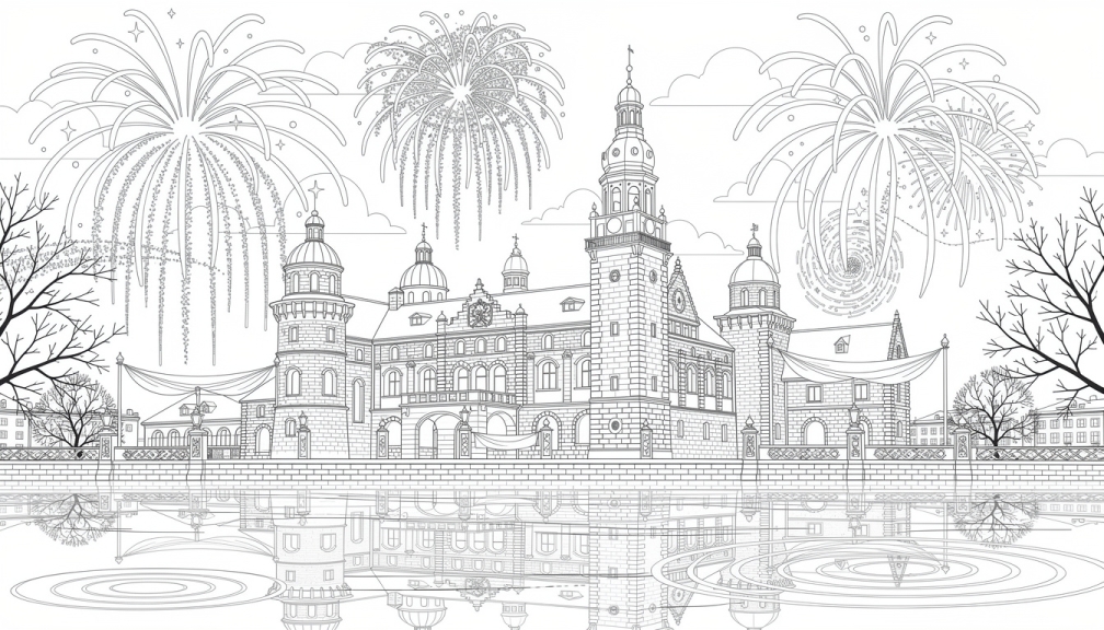 Un dibujo detallado en blanco y negro del Castillo Real de Wawel en Cracovia con espectaculares fuegos artificiales estallando sobre sus torres renacentistas durante una celebración festiva.