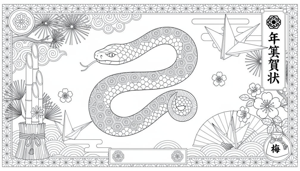 Una elegante página para colorear del zodiaco de la serpiente japonesa para el Año Nuevo 2026 con intrincados motivos tradicionales y patrones detallados.