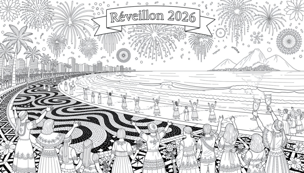 Uma página de colorir detalhada da celebração do Réveillon 2026 em Copacabana com fogos de artifício, multidões de branco e a icônica praia do Rio.