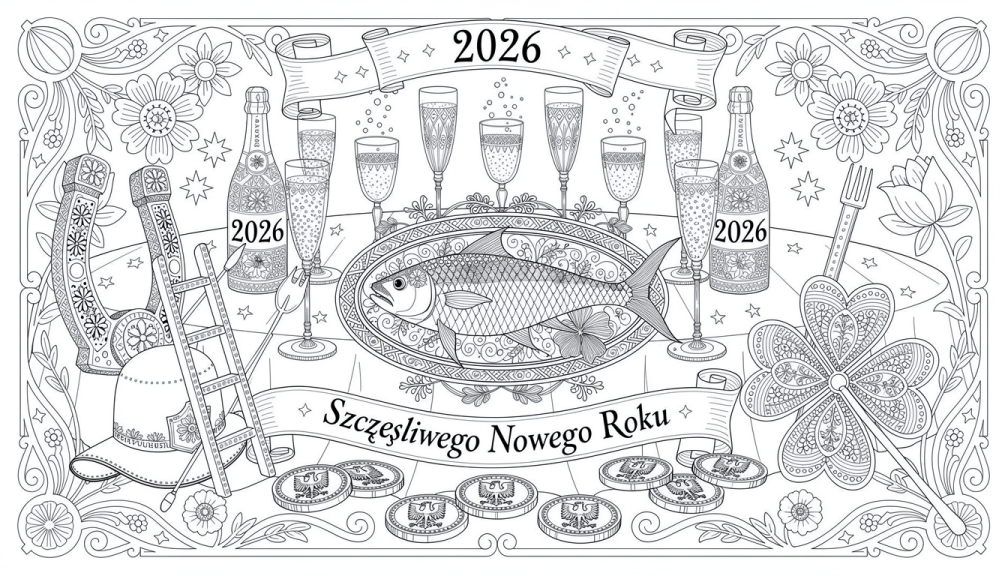 Una elegante página para colorear del Año Nuevo Polaco 2026 con símbolos tradicionales de suerte, celebración con champán y patrones intrincados de arte popular.