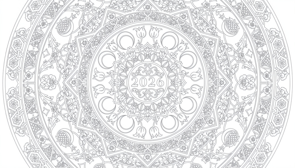 Una página para colorear de mandala de estilo otomano con el año 2026 y patrones geométricos islámicos tradicionales.