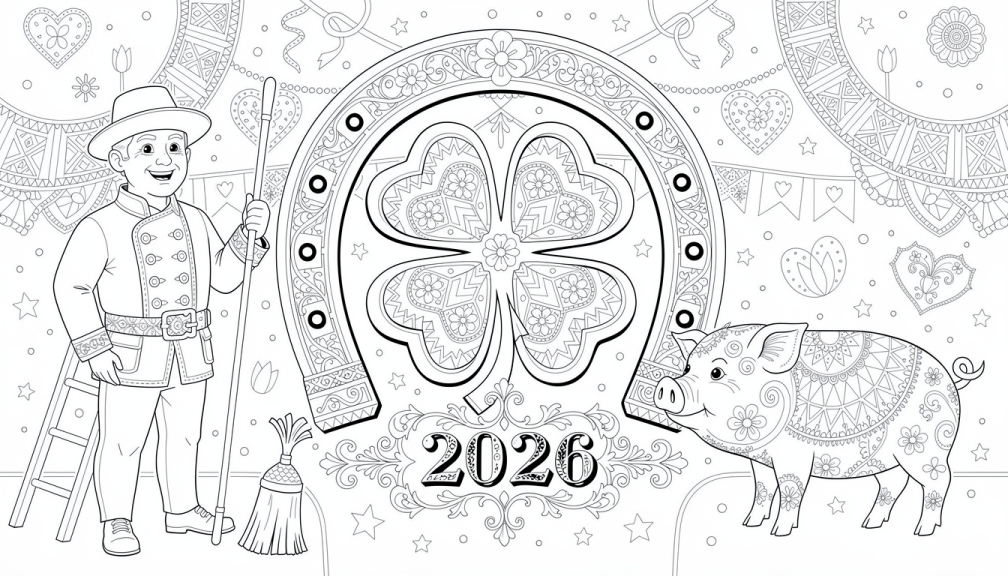 Uma composição elaborada de amuletos de boa sorte alemães para o Ano Novo 2026 com trevo de quatro folhas, ferradura, limpador de chaminés e porquinho da sorte com padrões barrocos.