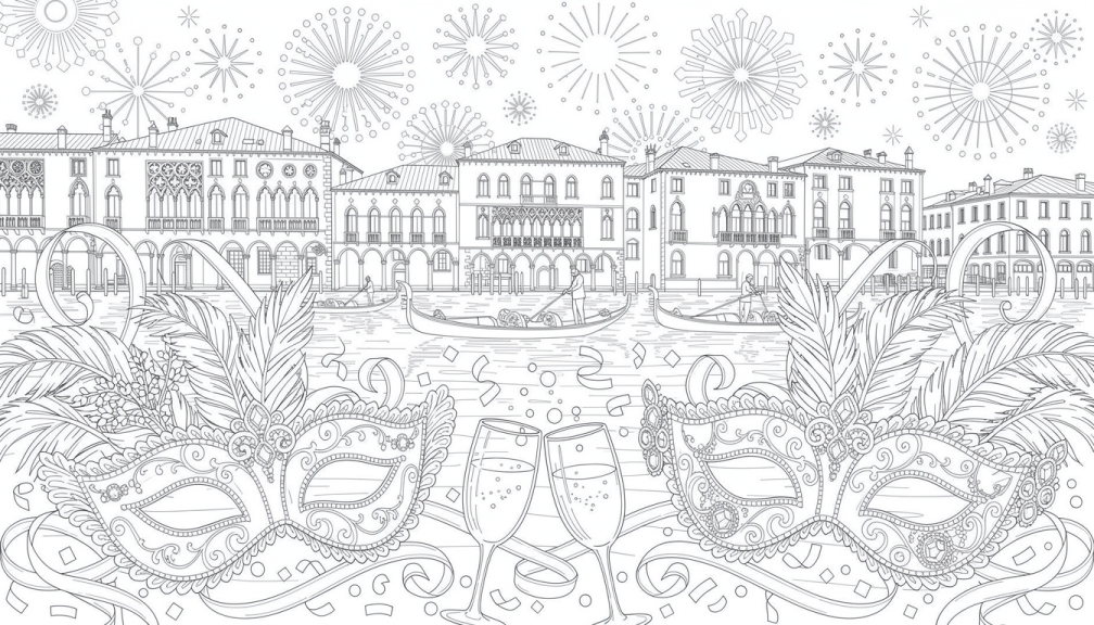 Uma página para colorir de máscara veneziana com máscaras ornamentadas, fogos de artifício, gôndolas e o Grande Canal durante a celebração do Ano Novo 2026.